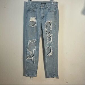 Brandy Melville Light Wash Denim Heavily Distressed High Waisted Mom Jeans S